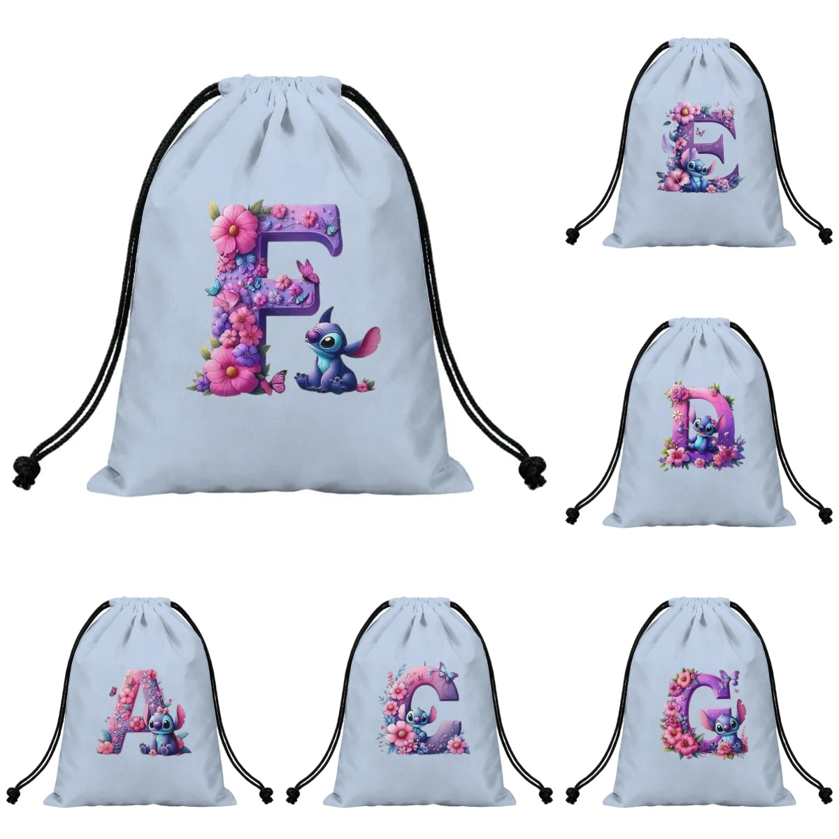 Drawstring Gym Bag - Cartoon Stich A-Z Alphabet Flower Print