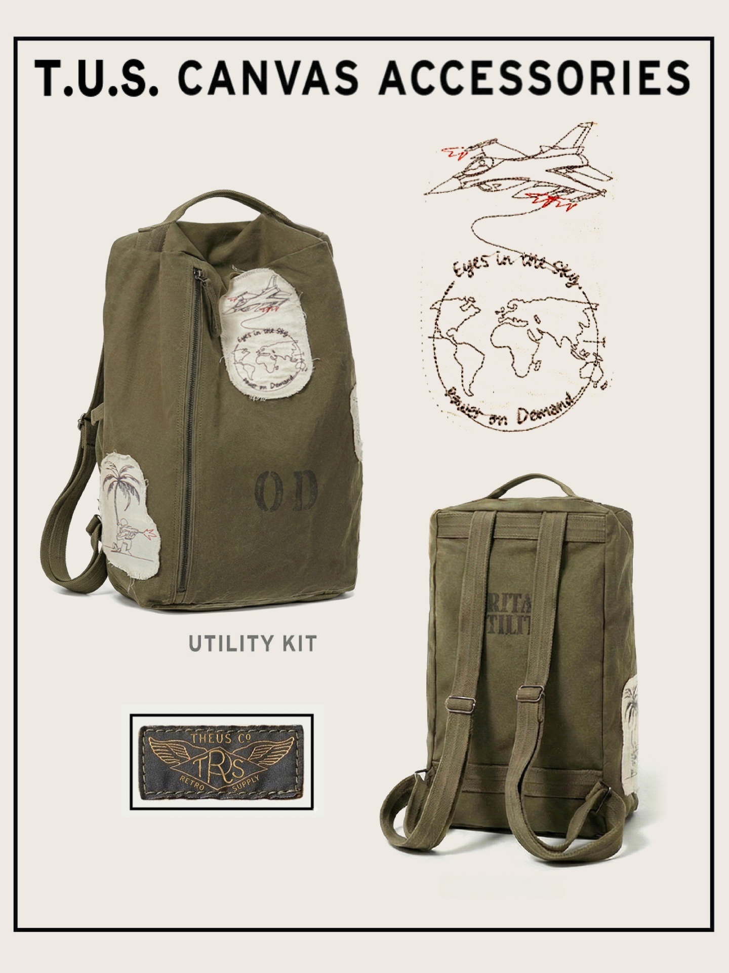 Canvas Backpack Casual - Retro Washed Military Patchwork Cotton Canvas